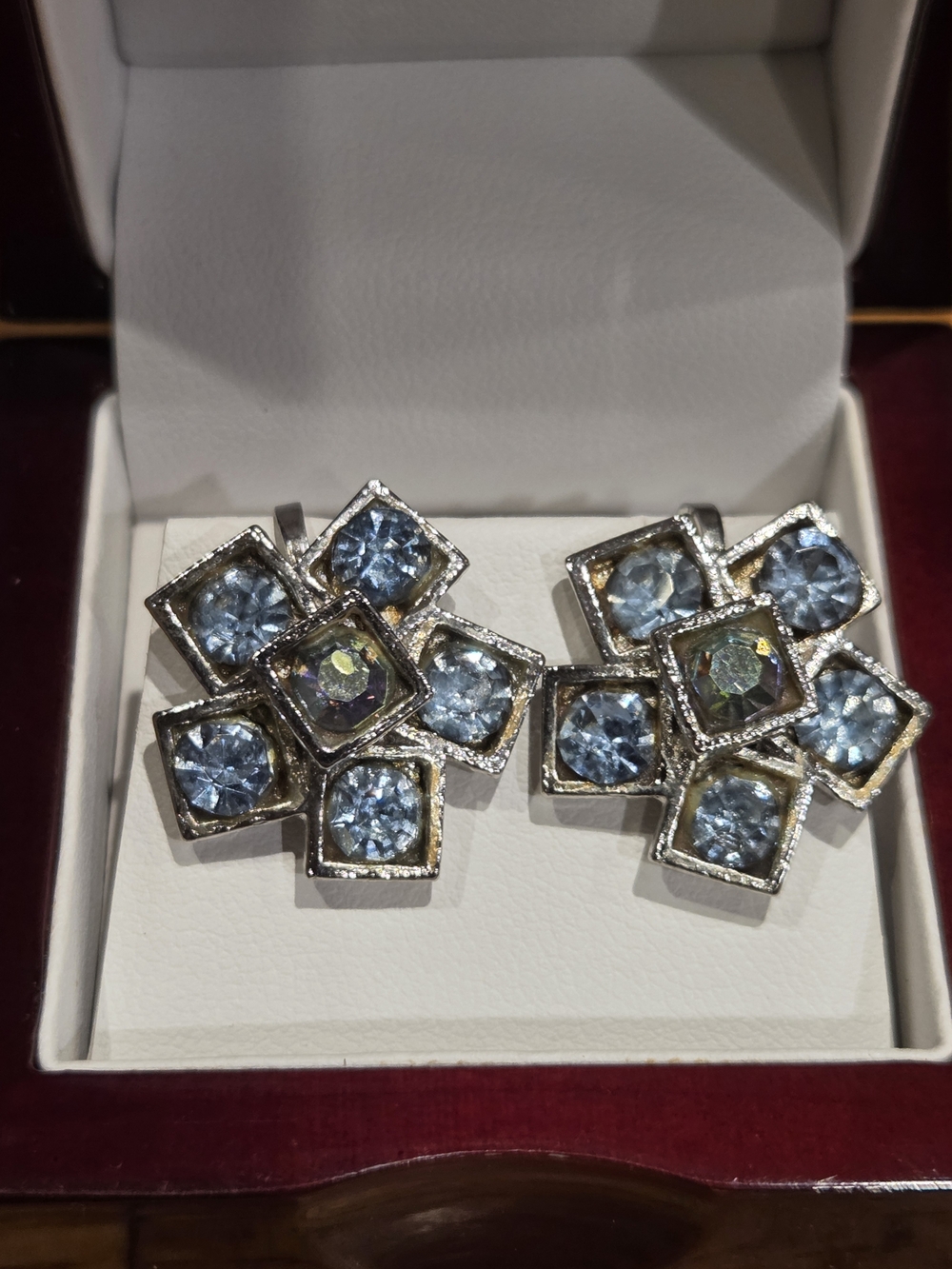 Vintage Silver-Tone Floral Earrings with Light Blue Stones Stamped Weiss